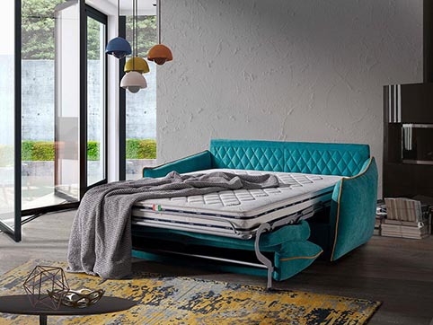 Canape convertible lit tissu bleu turquoise moderne qualite ouvert