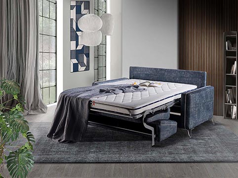 divant canape convertible lit tissu bleu jeans moderne qualite ouvert