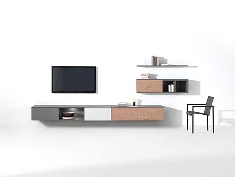 Meuble salon rangement bas design gris bois