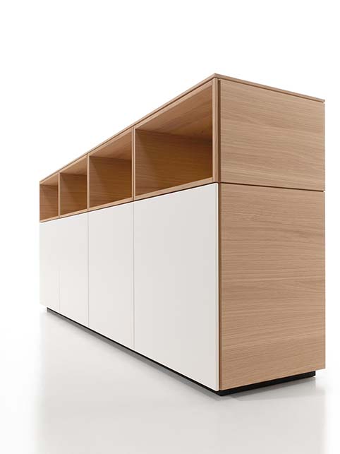 Meuble salon rangement design blanc bas bois cote