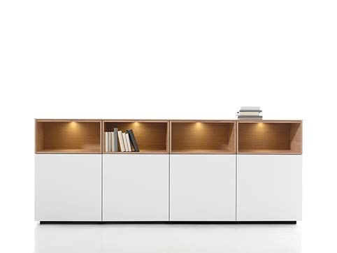 Meuble salon rangement design blanc bas bois