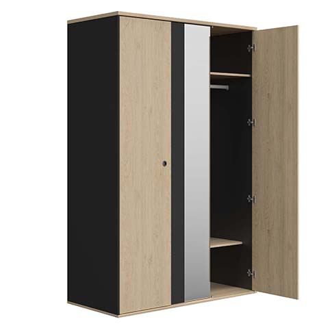 armoire chambre a coucher enfant adolescent rangements penderie dressing tringle miroir noir bois clair duplex 4