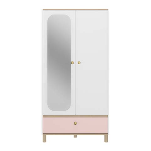 armoire chambre fille 2 portes tiroir rangement miroir blanc rose bois romy 1