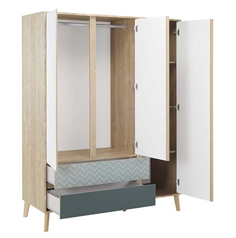 armoire dressing chambre penderie tringle tiroirs blanc bleu bois motifs larvik 1