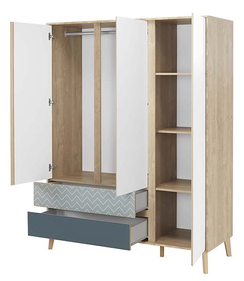 armoire dressing chambre penderie tringle tiroirs blanc bleu bois motifs larvik 4
