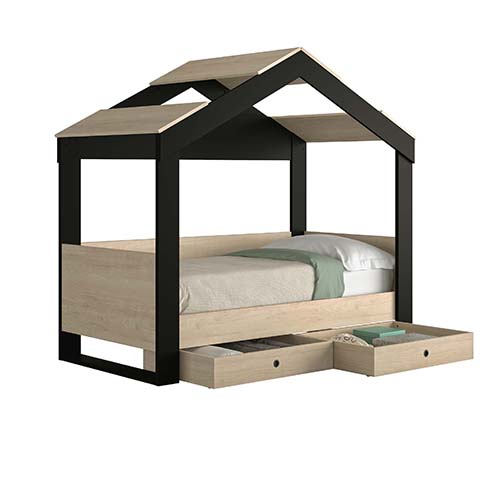 lit cabane enfant noir bois clair duplex 3