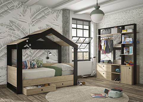 lit cabane enfant noir bois clair duplex 4