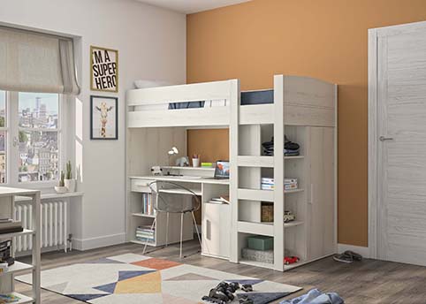 lit superpose enfant bureau integre rangements tiroir echelle bois gris blanc ceruse montana 4