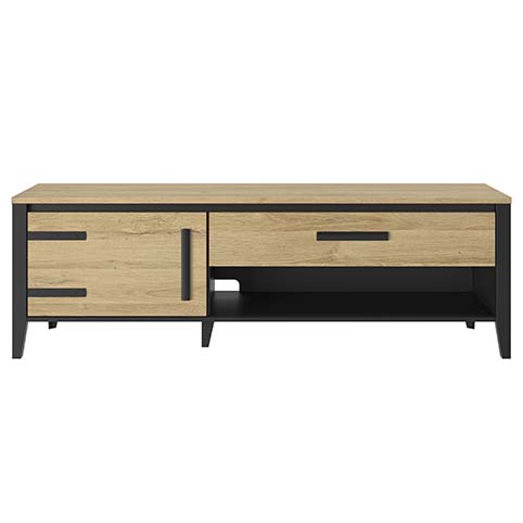 buffet support tele tiroirs rangement bois clair noir industriel cork 1