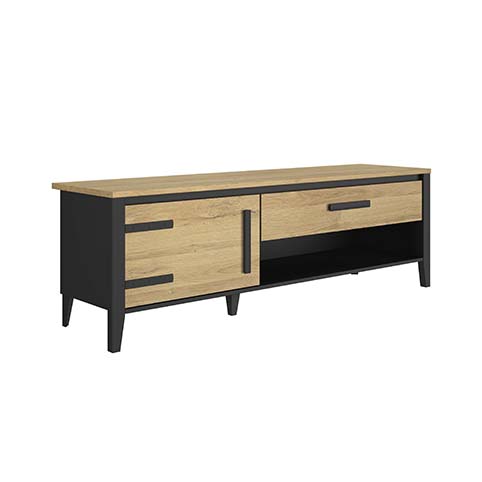 buffet support tele tiroirs rangement bois clair noir industriel cork 2