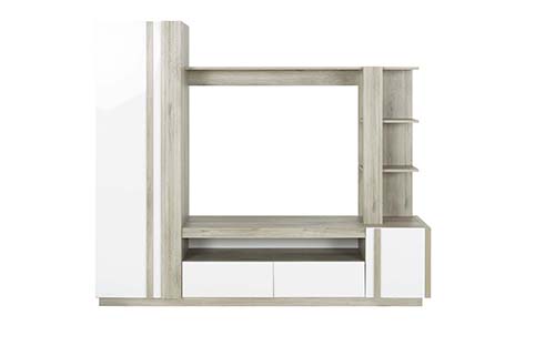 combinaison salon tele etageres tiroirs bois clair blanc aston 1
