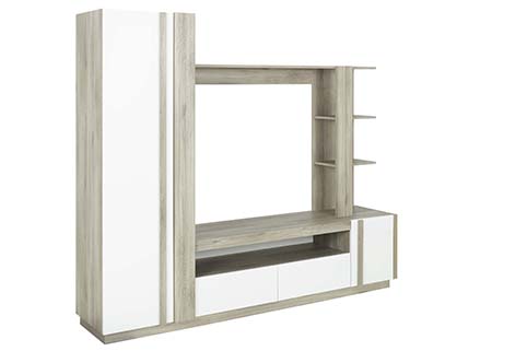 combinaison salon tele etageres tiroirs bois clair blanc aston 2
